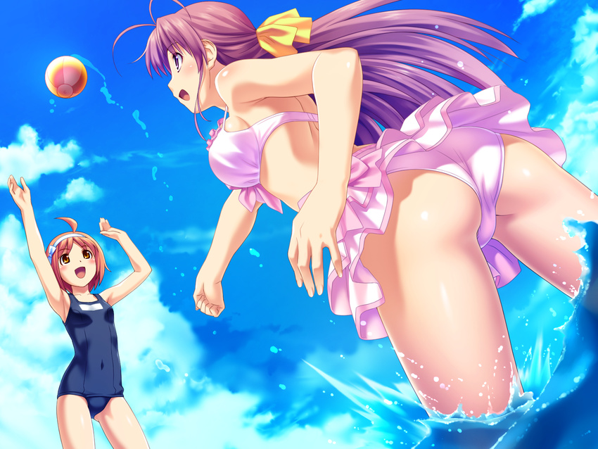 ahoge antenna_hair aoi_matsuri ass ball beachball bikini day flat_chest game_cg hair_ribbon highres koutaro kusakari_natane long_hair multiple_girls one-piece_swimsuit purple_eyes purple_hair ribbon school_swimsuit short_hair splashing swimsuit trefoil tropical_kiss wallpaper yellow_eyes