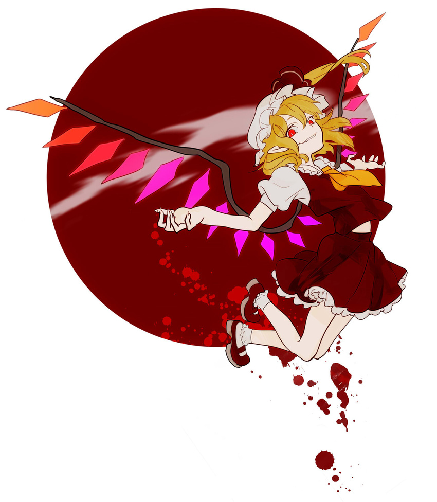 bad_apple!! bad_id bad_pixiv_id blonde_hair flandre_scarlet grin hat highres kazune_(baumkuchen) pointy_ears red_eyes short_hair side_ponytail smile solo touhou wings