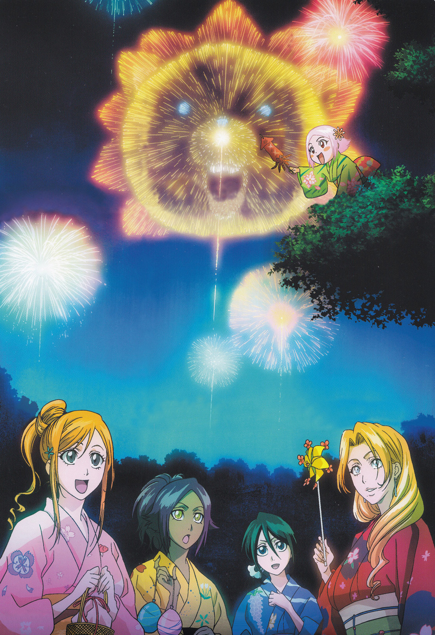 absurdres aerial_fireworks artist_request bear black_eyes black_hair bleach blonde_hair blue_eyes breasts dark_skin fireworks food highres inoue_orihime japanese_clothes kimono kon kuchiki_rukia kusajishi_yachiru large_breasts matsumoto_rangiku mole mole_under_mouth multiple_girls orange_hair pinwheel purple_hair scan shihouin_yoruichi squid