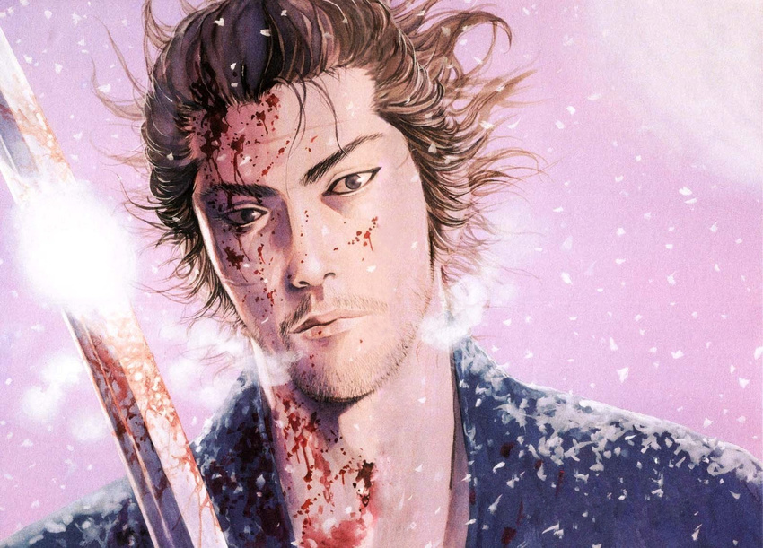 blood comic highres inoue_takehiko male male_focus manga miyamoto_musashi samurai scan snow sword vagabond weapon winter