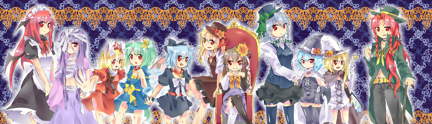 &gt;:) :d :o alternate_costume animal_ears asymmetrical_clothes bad_id bad_pixiv_id bandages bat_wings belt blonde_hair blue_hair bow braid brown_hair bu-n cane cat_ears cat_tail chair cirno collar daiyousei enmaided everyone fang flandre_scarlet flower foreshortening green_hair hair_bow hair_ornament hair_over_one_eye hakurei_reimu halloween hat hat_ribbon head_wings highres hong_meiling izayoi_sakuya kemonomimi_mode kirisame_marisa koakuma long_image maid maid_headdress midriff multiple_girls navel no_hat no_headwear open_mouth outstretched_arms patchouli_knowledge purple_hair red_eyes red_hair remilia_scarlet ribbon rumia side_ponytail silver_hair sitting smile soiri_(us) spread_arms tail the_embodiment_of_scarlet_devil thighhighs top_hat touhou twin_braids v-shaped_eyebrows v_arms vest wide_image wings witch_hat zettai_ryouiki