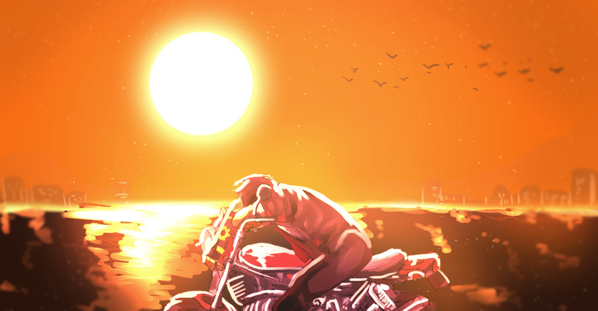 bad_id bad_pixiv_id bird brown_eyes brown_hair building fingerless_gloves gloves ground_vehicle headband highres hohehohe horizon jacket kusanagi_kyou male_focus motor_vehicle motorcycle sleeping solo sunset the_king_of_fighters wallpaper