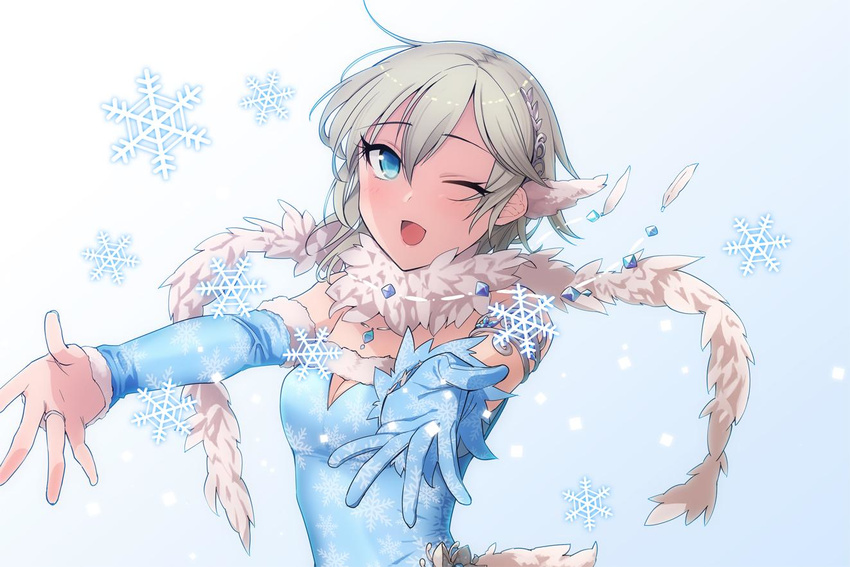 ;d anastasia_(idolmaster) blue_gloves detached_sleeves gloves hair_ornament idolmaster idolmaster_cinderella_girls jewelry looking_at_viewer necklace one_eye_closed open_mouth ring scarf short_hair silver_hair single_glove smile snowflakes solo tsurusaki_yuu upper_body