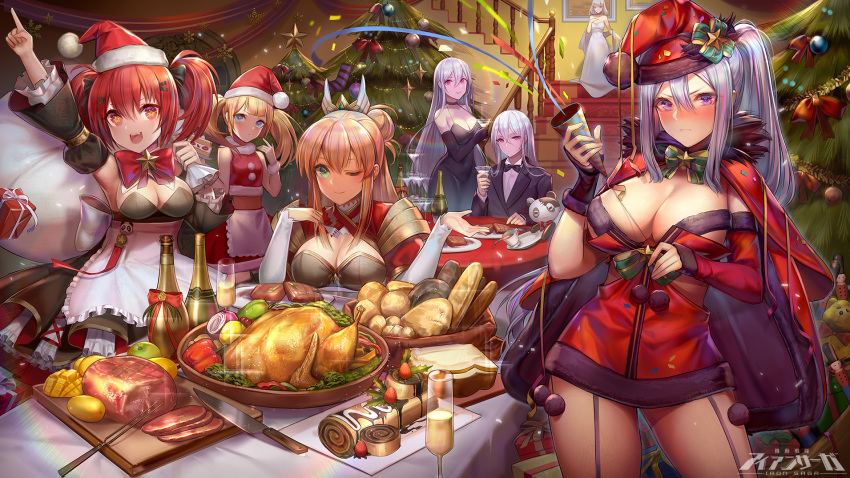 6+girls alcohol alsael_(iron_saga) alternate_costume ann_(iron_saga) apple apron arm_up armpits baguette bangs black_dress black_gloves black_jacket black_neckwear blonde_hair blue_eyes blush bottle bow bowtie bread breasts cape champagne_flute character_request choker christmas christmas_lights christmas_ornaments christmas_tree cleavage cleavage_cutout closed_mouth confetti crop_top cup detached_sleeves dress drinking_glass food fork fruit fur-trimmed_cape fur-trimmed_crop_top fur-trimmed_dress fur-trimmed_gloves fur_trim garter_straps gloves green_eyes gurumi_(iron_saga) hair_between_eyes hair_ornament hair_ribbon hairclip halter_dress hat highres holding holding_cup holding_sack indoors iron_saga jacket kirastar_(iron_saga) knife large_breasts logo long_hair long_sleeves looking_at_viewer mango medium_breasts multiple_girls official_art onion open_mouth pale_skin parted_lips party_popper plate pom_pom_(clothes) ponytail pork purple_eyes purple_hair red_cape red_dress red_eyes red_hair ribbon sack santa_costume santa_hat shawl shirt sidelocks silver_hair skirt sleeveless small_breasts smile sparkle spill stairs star star-shaped_pupils steak stuffed_toy symbol-shaped_pupils table trista_(iron_saga) turkey twintails waist_apron white_dress white_shirt zjsstc