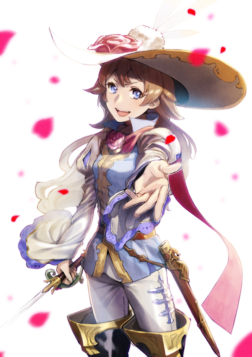 :d ange_d'erlanger bangs black_footwear blue_eyes blurry boots brown_hair depth_of_field flower granblue_fantasy hat hat_feather hat_flower highres long_hair long_sleeves looking_at_viewer open_mouth outstretched_arm pants petals pink_flower pink_rose rapier reverse_trap rose simple_background smile solo sword thigh_boots thighhighs tsurusaki_yuu v-shaped_eyebrows weapon white_background white_pants