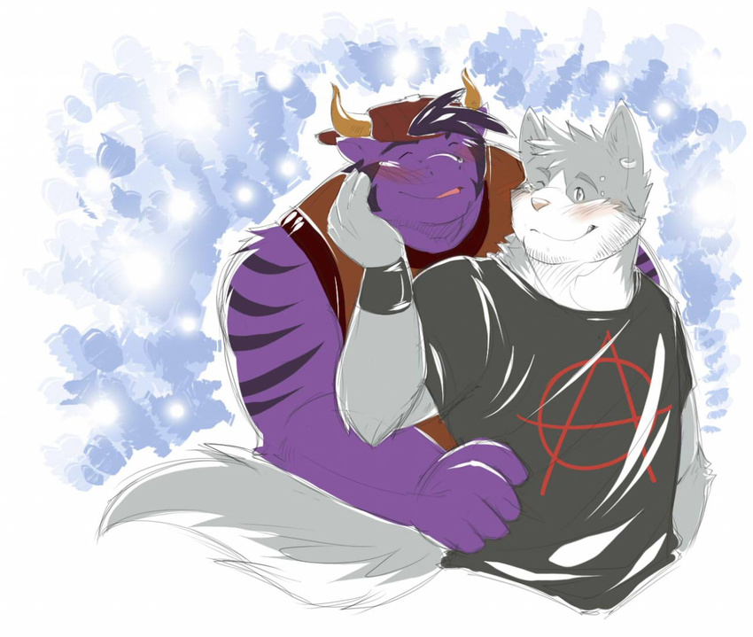 beard biceps blush bovine canine cattle couple cuddling cute dog eyes_closed facial_hair grin hat horn husky husky92 hybrid interspecies invalid_tag male male/male mammal manly musclechub musclegut muscles piercing rikitsu shy smile