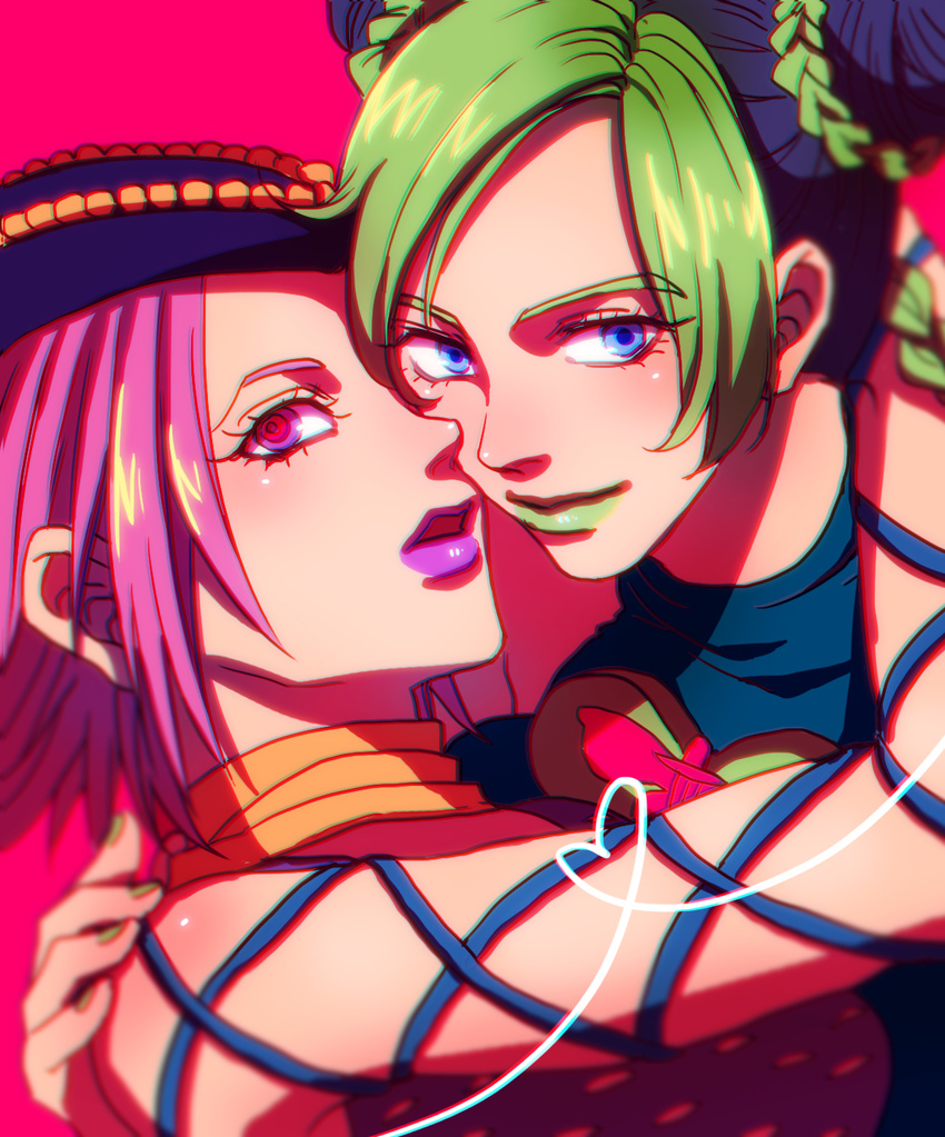 bad_id bad_pixiv_id blue_eyes blue_hair blurry braid chromatic_aberration double_bun fishnets genderswap genderswap_(mtf) green_hair green_lipstick hat highres hug jojo_no_kimyou_na_bouken kuujou_jolyne lipstick makeup multicolored_hair multiple_girls narciso_anasui pink_eyes pink_hair pink_lipstick rin2010 short_hair two-tone_hair