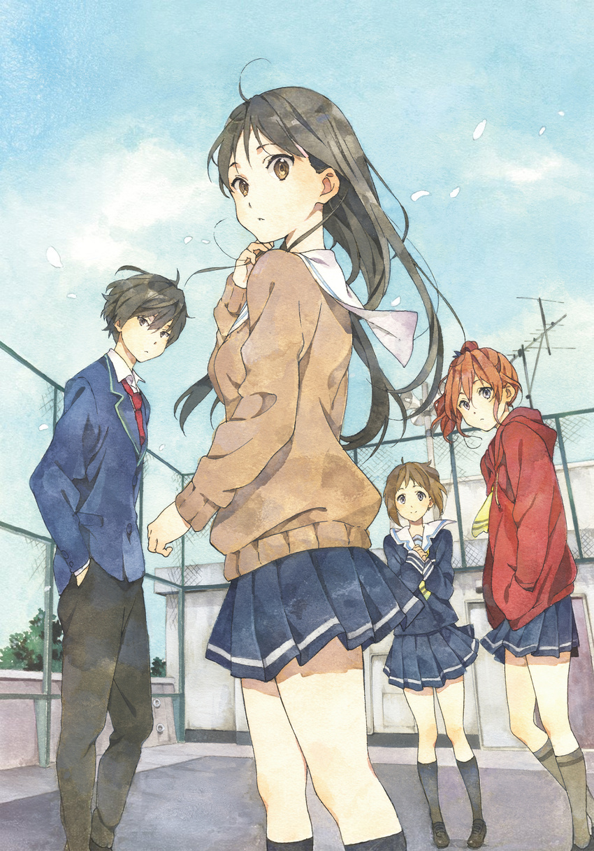 3girls absurdres aerial antennae aoi_haru_no_subete black_hair brown_eyes brown_hair cover cover_page fence hand_in_pocket high_ponytail highres horiguchi_yukiko iwasa_miho jacket kisaki_mahiru long_hair multiple_girls necktie official_art ookouchi_aoi purple_eyes red_hair rooftop school school_uniform serafuku short_hair skirt yokosuka_hiroto