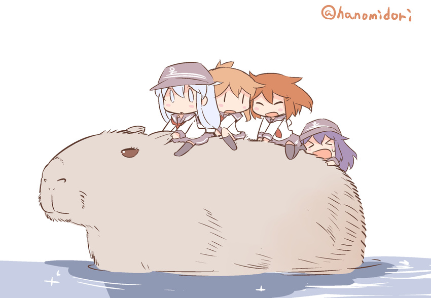 &gt;_&lt; akatsuki_(kantai_collection) brown_hair capybara chibi closed_eyes commentary flat_cap grey_eyes hanomido hat hibiki_(kantai_collection) ikazuchi_(kantai_collection) inazuma_(kantai_collection) kantai_collection long_hair multiple_girls multiple_riders open_mouth purple_hair riding school_uniform serafuku short_hair silver_hair thighhighs twitter_username water |_|