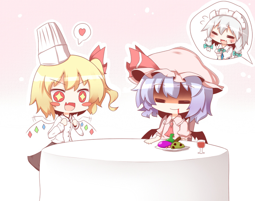 :d =_= alternate_costume ascot bad_food bat_wings blonde_hair blood blood_from_mouth blush_stickers bow chef_hat chibi commentary_request dress fang flandre_scarlet flying_sweatdrops food gaius_(nikoniko2) hat hat_bow heart izayoi_sakuya long_hair maid_headdress mob_cap multiple_girls open_mouth pink_dress purple_hair red_bow remilia_scarlet shaded_face short_hair short_sleeves skirt smile sparkling_eyes spoken_heart touhou wings