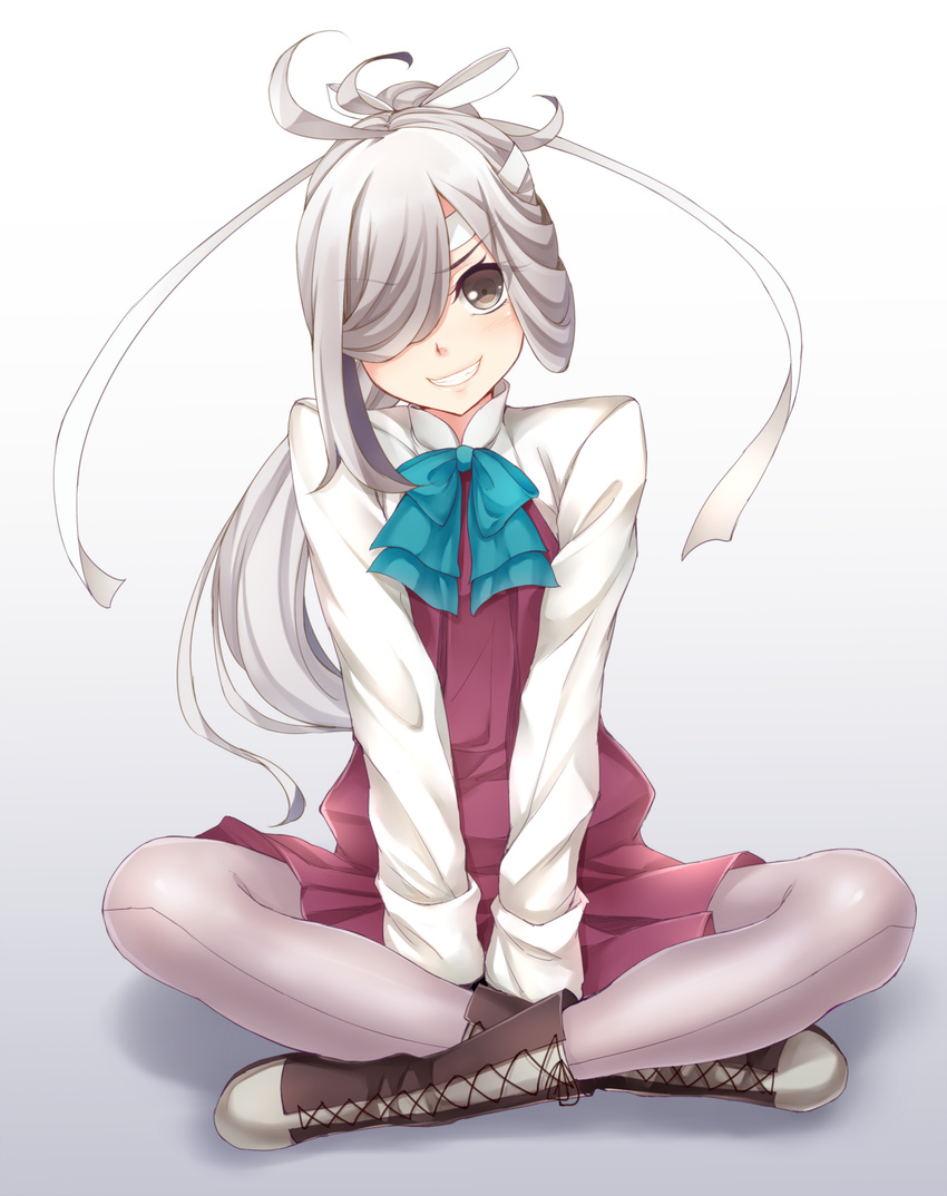 asashimo_(kantai_collection) boots bow bowtie brown_eyes brown_footwear collared_shirt cross-laced_footwear dabadhi grey_hair grey_legwear grin hair_over_one_eye headband highres indian_style kantai_collection long_sleeves looking_at_viewer multicolored_hair pantyhose ponytail purple_skirt remodel_(kantai_collection) shirt sitting skirt smile solo two-tone_hair white_shirt