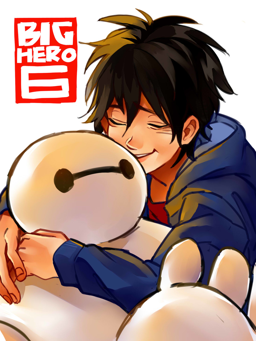 baymax big_hero_6 black_hair blue_jacket closed_eyes copyright_name fingernails highres hiro_hamada hood hooded_jacket hug jacket long_sleeves marvel open_clothes open_jacket parted_lips robot shiyi_(kichiku19) simple_background smile upper_body white_background