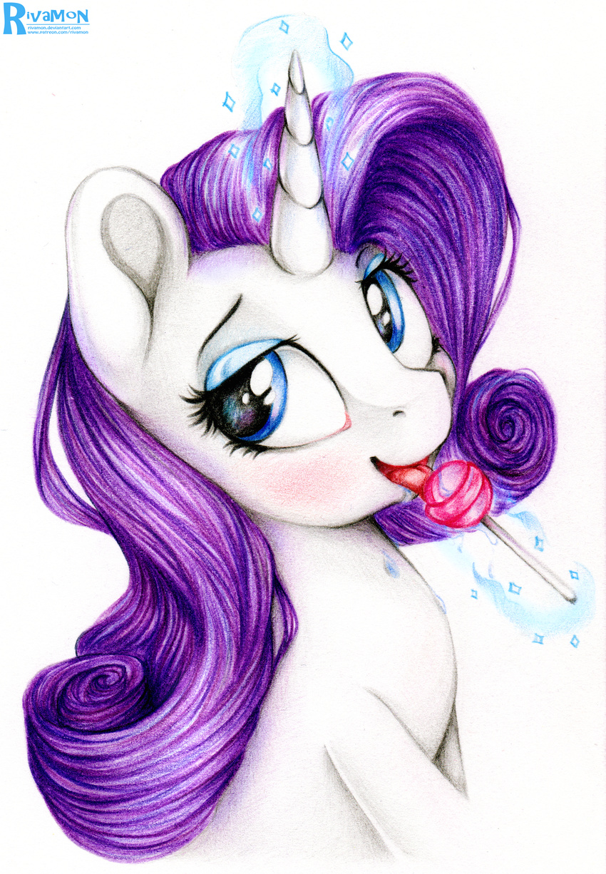 2015 absurd_res blue_eyes candy colored_pencil_(artwork) equine eyeshadow female feral food friendship_is_magic fur hair hi_res horn levitation licking lollipop long_hair magic makeup mammal my_little_pony plain_background purple_fur rarity_(mlp) rivamon solo tongue tongue_out traditional_media_(artwork) unicorn white_background