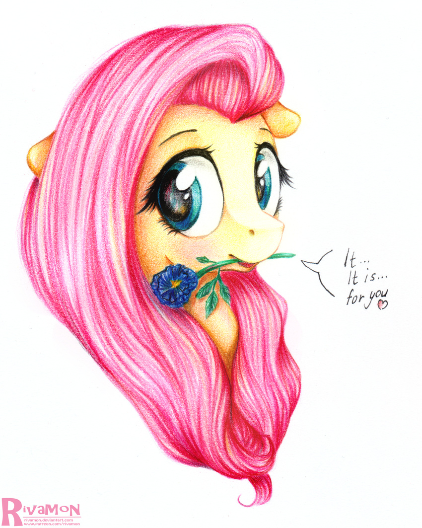 2015 absurd_res colored_pencil_(artwork) dialogue english_text equine female feral flower fluttershy_(mlp) friendship_is_magic hair hi_res horse long_hair mammal my_little_pony pink_hair plain_background plant pony rivamon solo text traditional_media_(artwork) white_background