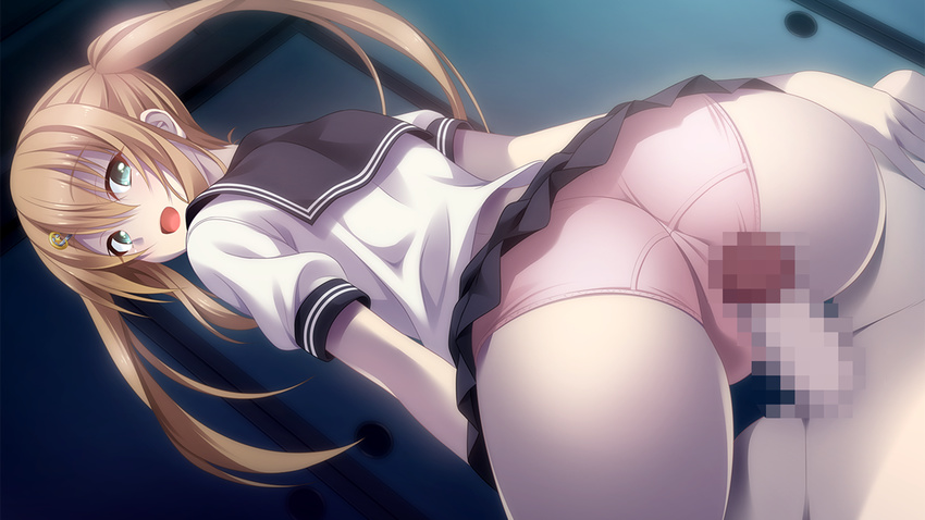 1girl ass back blush brown_hair buttjob censored clothed_female_nude_male from_behind game_cg gradient gradient_background green_eyes highres long_hair looking_back lying mosaic_censoring noba open_mouth panties penis school_uniform sitting sitting_on_person skirt solo_focus twintails underwear yobai_suru_shichinin_no_harame_2