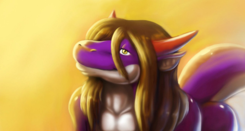 2014 anthro bent_over brown_hair dragon hair half-closed_eyes horn kalnareff kalnareff_(character) long_hair male nude plain_background raised_tail scalie slit_pupils smile solo yellow_background yellow_eyes