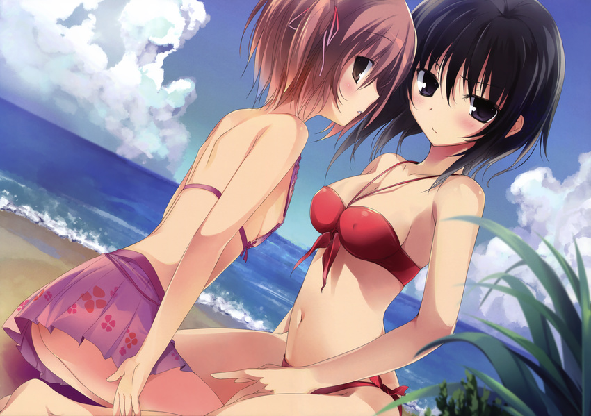 absurdres bandeau bangs bare_shoulders beach bikini black_eyes black_hair blush boku_wa_tomodachi_ga_sukunai breasts brown_eyes brown_hair cleavage cloud day flat_chest front-tie_top hair_between_eyes halterneck highres huge_filesize karory kusunoki_yukimura looking_at_viewer mikazuki_yozora multiple_girls navel nipple_slip nipples non-web_source ocean outdoors red_bikini scan short_hair side-tie_bikini sitting skirt sky strap_gap swimsuit water