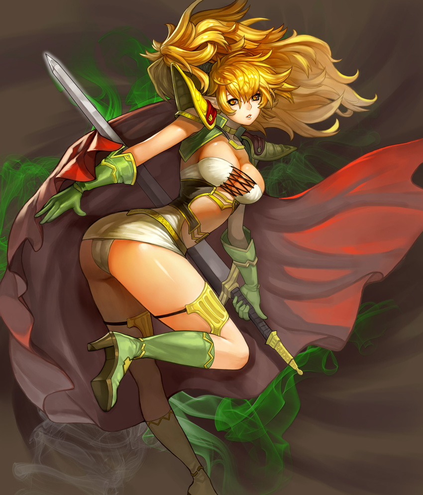blonde_hair boots breasts cape cleavage elf female gloves gradient gradient_background gurimjang high_heel_boots high_heels large_breasts long_hair messy_hair pauldrons pointy_ears ponytail solo sword warrior weapon yellow_eyes