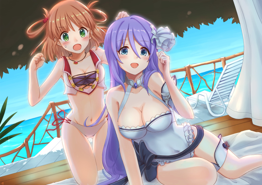 2girls beach blue_eyes blush breasts cleavage commentary_request hair_ornament hair_rings highres hoshino_shizuru inosaki_rino large_breasts long_hair looking_at_viewer multiple_girls navel ocean open_mouth orange_hair princess_connect! princess_connect!_re:dive purple_hair ribbon sky small_breasts swimsuit sylvaniaf