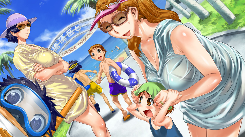 3boys 3girls autobahn beach blue_hair breasts brown_hair child cleavage crossed_arms diving_mask eyes_closed game_cg grin hat innertube large_breasts loli long_hair milf multiple_boys multiple_girls n.o._chachamaru ocean open_mouth ring shirt short_hair shorts smile sunglasses sweatdrop swimsuit yarimoku_nanpa_beach_~mitakunakatta_haha_no_sugata? yarimoku_nanpa_beach_~mitakunakatta_haha_no_sugataï½ž