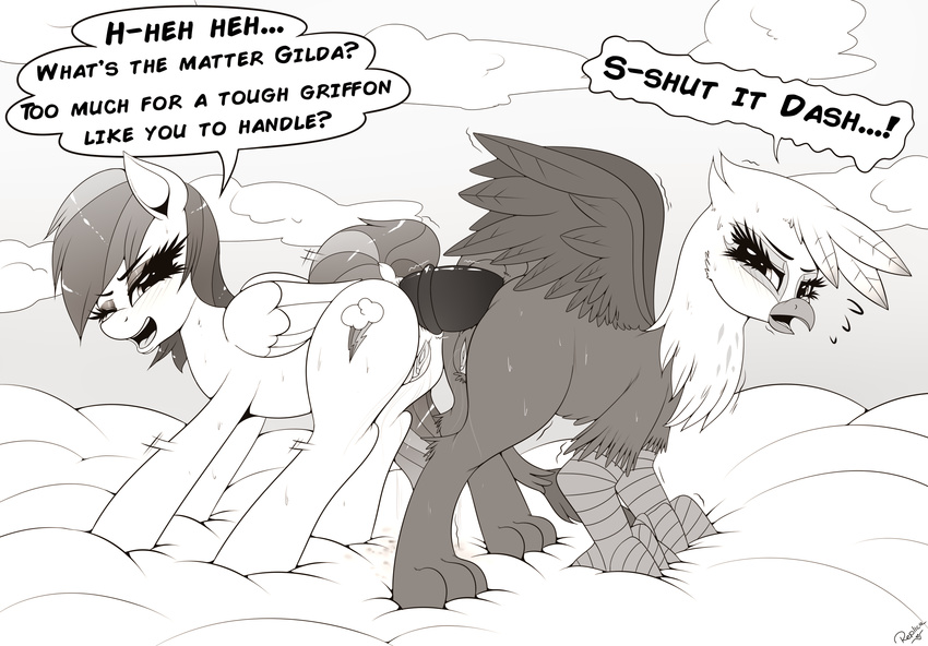 2015 anal anal_insertion anal_penetration avian beak butt cloud cutie_mark dialogue dildo dock double_dildo duo english_text equine female female/female feral friendship_is_magic gilda_(mlp) gryphon hair hi_res insertion mammal my_little_pony on_cloud one_eye_closed open_mouth pegasus penetration pussy rainbow_dash_(mlp) replica_(artist) sex_toy shaking sweat text trembling wings