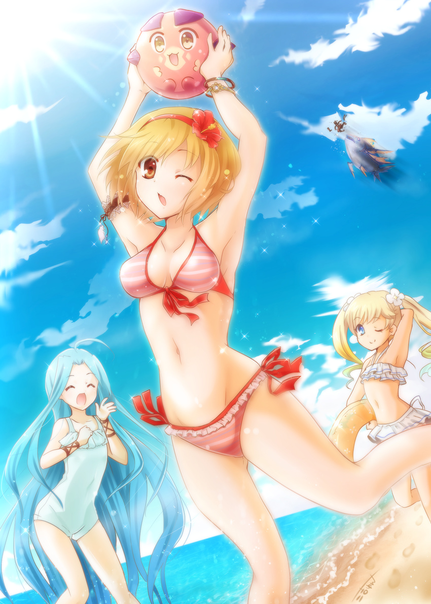 ball beach bikini blonde_hair blue_eyes blue_hair brown_eyes closed_eyes day djeeta_(granblue_fantasy) fish frilled_bikini frills granblue_fantasy highres io_euclase lyria_(granblue_fantasy) miyoshi_yun multiple_girls one-piece_swimsuit one_eye_closed short_hair striped striped_bikini swimsuit twintails