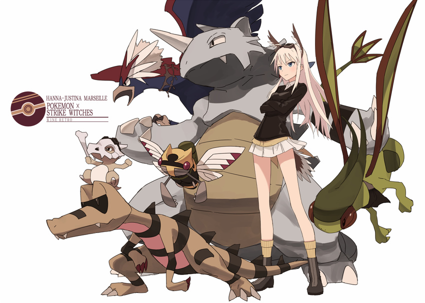 animal_ears bad_id bad_pixiv_id blonde_hair blue_eyes bone braviary crossed_arms crossover cubone flygon furukawa_wanosuke gen_1_pokemon gen_3_pokemon gen_5_pokemon goggles goggles_on_head hanna-justina_marseille head_wings holding holding_bone krokorok long_hair military military_uniform ninjask pokemon pokemon_(creature) rhydon smile strike_witches tail uniform world_witches_series