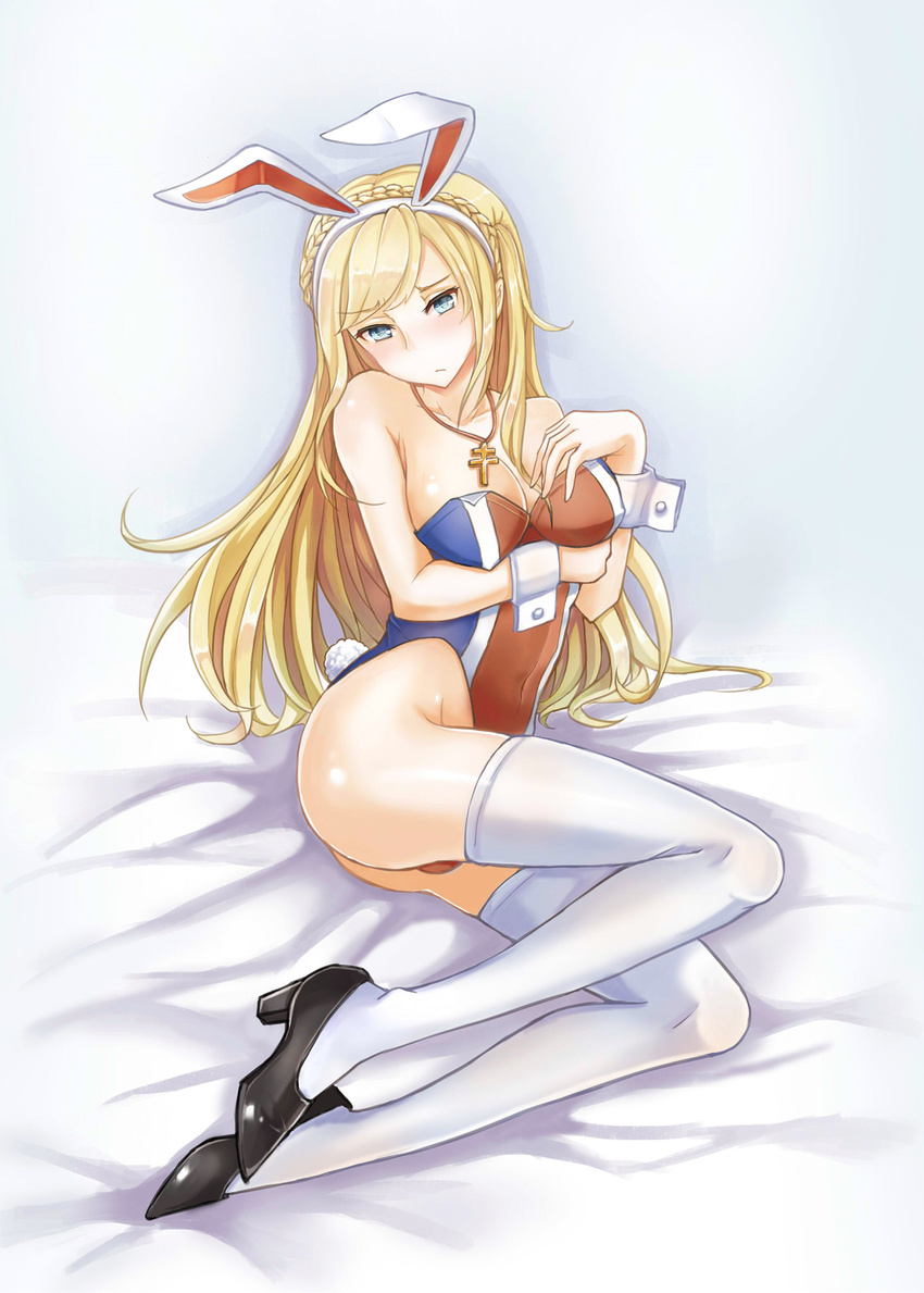 animal_ears bed_sheet blonde_hair blue_eyes blush braid breasts bunny_ears bunny_tail bunnysuit cleavage covered_navel crown_braid french_braid high_heels highres large_breasts long_hair richelieu_(zhan_jian_shao_nyu) sitting solo tail thighhighs white_legwear wrist_cuffs yokozuwari yuemanhuaikong zhan_jian_shao_nyu