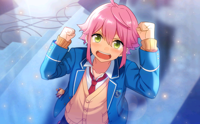 ahoge angry blazer blush ensemble_stars! game_cg green_eyes himemiya_touri jacket looking_at_viewer looking_up male_focus necktie official_art pink_hair school_uniform sidelocks solo stuffed_animal stuffed_toy tears teddy_bear yumenosaki_school_uniform