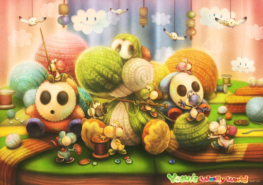 artist_name bird buttons cloud colorful copyright_name highres holding knitting_needle needle no_humans pointing shy_guy sitting spool standing stitches sui_(petit_comet) thread wool yarn yarn_ball yoshi yoshi's_woolly_world