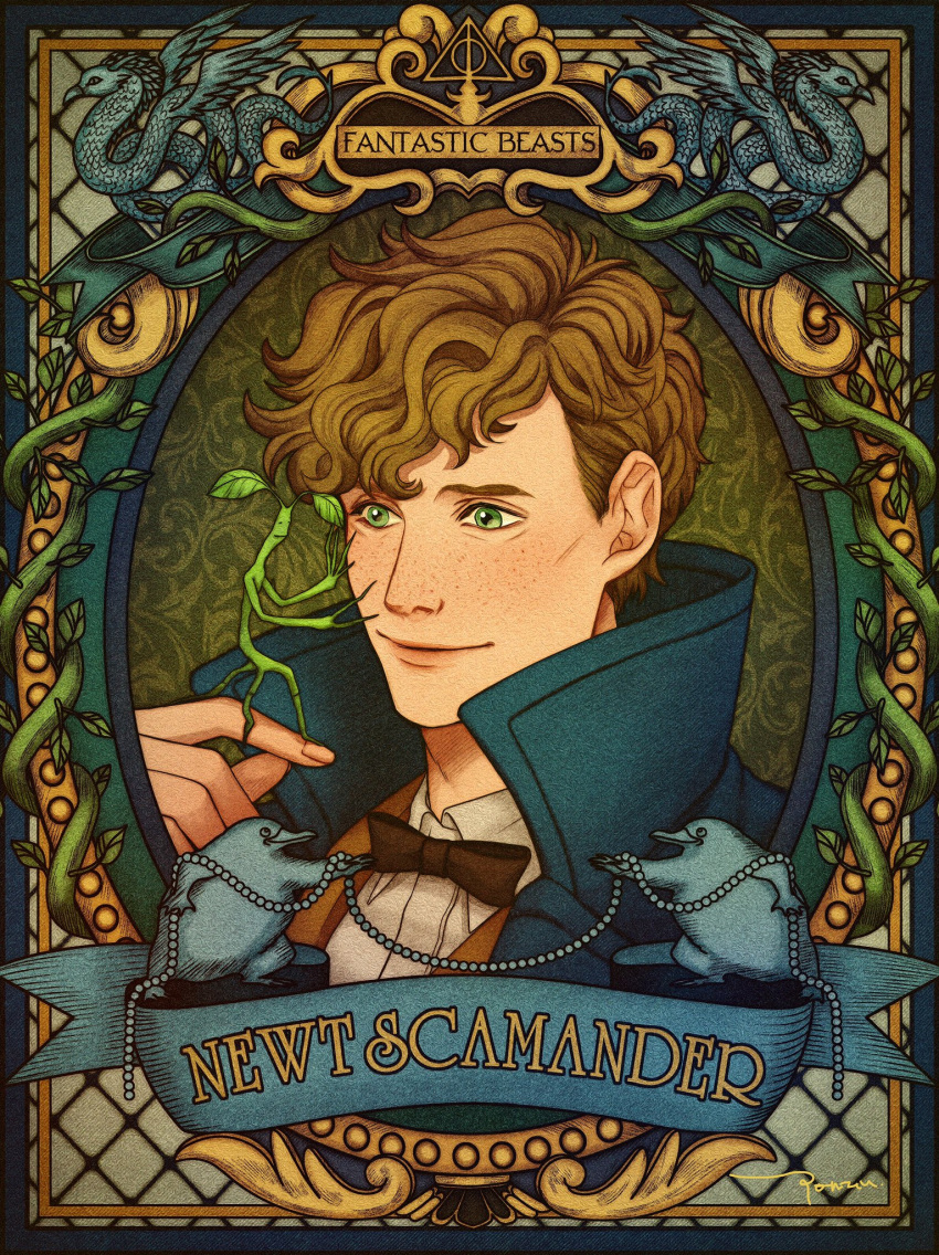 1boy artist_name bow bowtie bowtruckle brown_hair character_name copyright_name eyes_closed fantastic_beasts_and_where_to_find_them freckles green_eyes highres leaf male_focus newt_scamander niffler occamy ponsu_(ponzuxponzu) scar solo wings