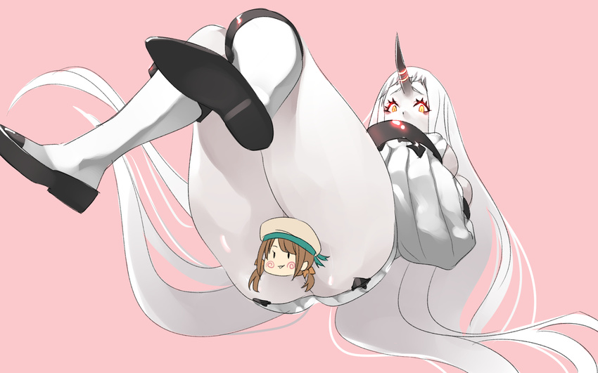 absurdly_long_hair ass censored character_censor error_musume fairy_(kantai_collection) from_below girl_holding_a_cat_(kantai_collection) highres horn kantai_collection knees_together_feet_apart legs long_hair long_sleeves looking_at_viewer looking_down meranie novelty_censor pink_background seaport_hime shinkaisei-kan simple_background sitting solo very_long_hair white_hair white_skin yellow_eyes