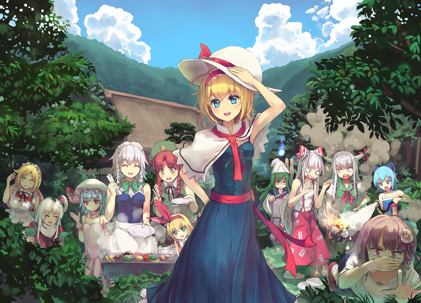 alice_margatroid alternate_eye_color bare_arms blonde_hair blue_dress blue_eyes blue_hair blue_sky braid capelet cirno closed_eyes cloud covering_mouth culter day downblouse dress ellen ex-keine fire fire_extinguisher flower forest fujiwara_no_mokou gloves green_dress grill grilling hair_bobbles hair_flower hair_ornament hair_ribbon hairband hat hat_ribbon hieda_no_akyuu hong_meiling horns house izayoi_sakuya kamishirasawa_keine knife lolita_hairband maid maid_headdress mima mob_cap multiple_girls nature neckerchief one_side_up open_mouth outdoors pants pink_dress pink_eyes pink_hair plate puffy_short_sleeves puffy_sleeves red_dress red_eyes remilia_scarlet ribbon sash school_uniform serafuku shinki shirt short_sleeves silver_hair sky sleeveless sleeveless_dress smile sokrates_(touhou) suspenders tears touhou touhou_(pc-98) twin_braids yumeko