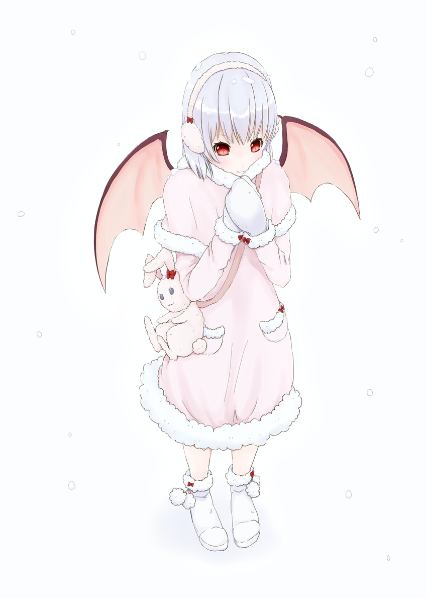 :3 alternate_costume bad_id bad_pixiv_id bat_wings blue_hair blush boots bow coat earmuffs from_above hands_together hands_up highres looking_down mittens red_eyes remilia_scarlet schnee short_hair slit_pupils smile snow snow_boots snowing solo stuffed_animal stuffed_bunny stuffed_toy touhou white_footwear wings winter_clothes winter_coat