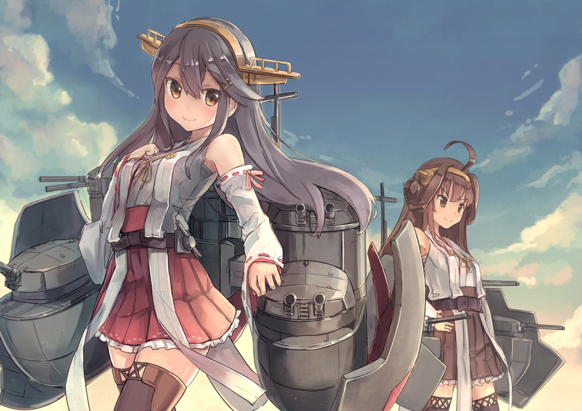 ahoge bare_shoulders black_hair blush boots brown_eyes brown_hair detached_sleeves double_bun hair_ornament hairband hairclip hands_on_hips haruna_(kantai_collection) headgear isegawa_yasutaka japanese_clothes kantai_collection kongou_(kantai_collection) long_hair looking_at_viewer multiple_girls nontraditional_miko remodel_(kantai_collection) revision skirt smile thigh_boots thighhighs zettai_ryouiki