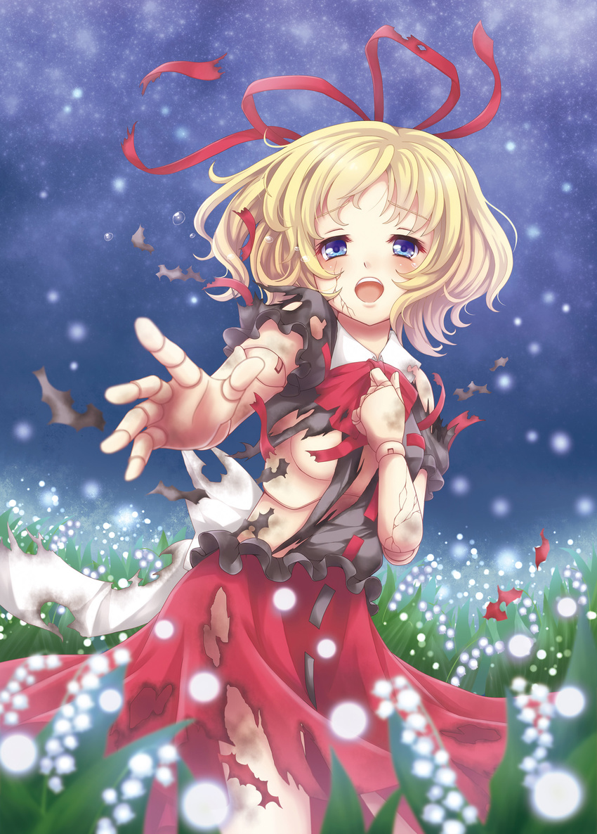 alcohol blonde_hair blue_eyes blush doll_joints flower highres lily_of_the_valley medicine_melancholy mitsucho sake shirt skirt solo source_request tears torn_clothes torn_shirt torn_skirt torn_sleeves touhou