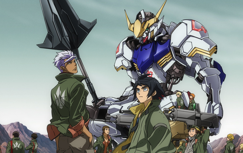 blue_eyes gradient gradient_background gundam gundam_barbatos gundam_iron-blooded_orphans gundam_tekketsu_no_orphans hand_in_pocket mecha mikazuki_augus multiple_boys official_art orga_itsuka weapon white_hair