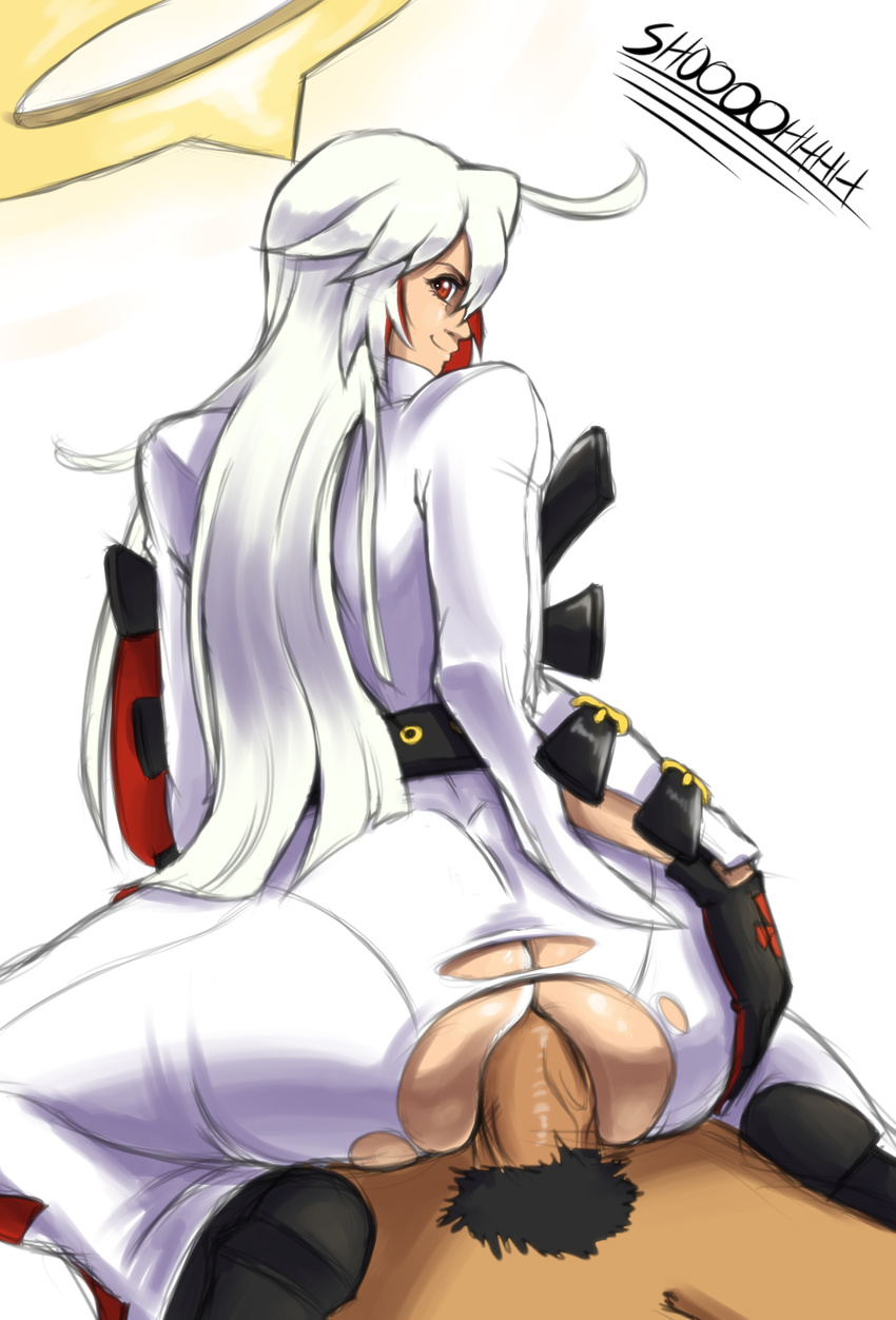 1girl ahoge anal ass black_gloves bodysuit clothed_female_nude_male collaboration girl_on_top gloves guilty_gear guilty_gear_xrd halo hetero highres jack-o'_valentine long_hair looking_back lordspectrex male_pubic_hair multicolored_hair no_panties nude penis pubic_hair red_eyes red_hair reverse_cowgirl_position sex shoooohhhh smile solo_focus straddling torn_bodysuit torn_clothes two-tone_hair white_hair