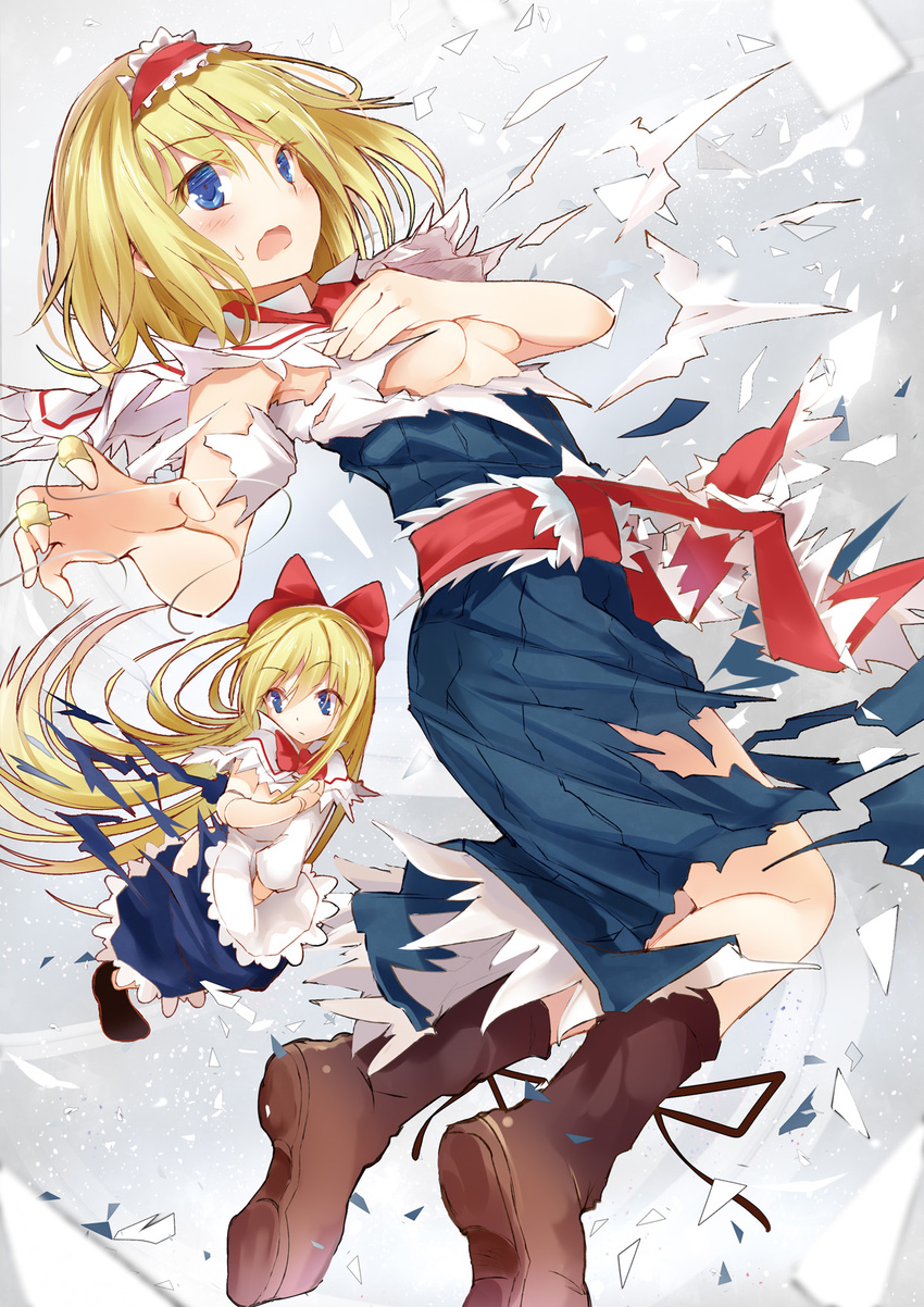 alice_margatroid apron blonde_hair blue_dress blue_eyes blush boots breasts brown_footwear capelet covering covering_breasts doll doll_joints dress dress_tug efe from_side hair_between_eyes hair_ribbon hairband highres long_hair looking_at_viewer looking_back multiple_girls reaching_out ribbon shanghai_doll short_hair small_breasts torn_clothes torn_dress torn_sleeves touhou waist_apron