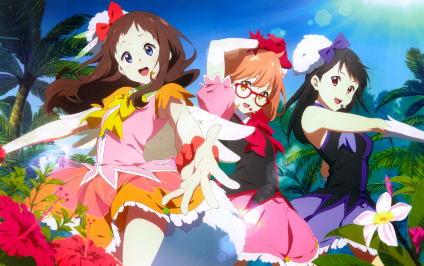 :d absurdres blue_eyes brown_eyes brown_hair glasses headset highres idol kuriyama_mirai kyoukai_no_kanata multiple_girls nakahara_kouhei nase_mitsuki official_art open_mouth red-framed_eyewear shindou_ai smile textless