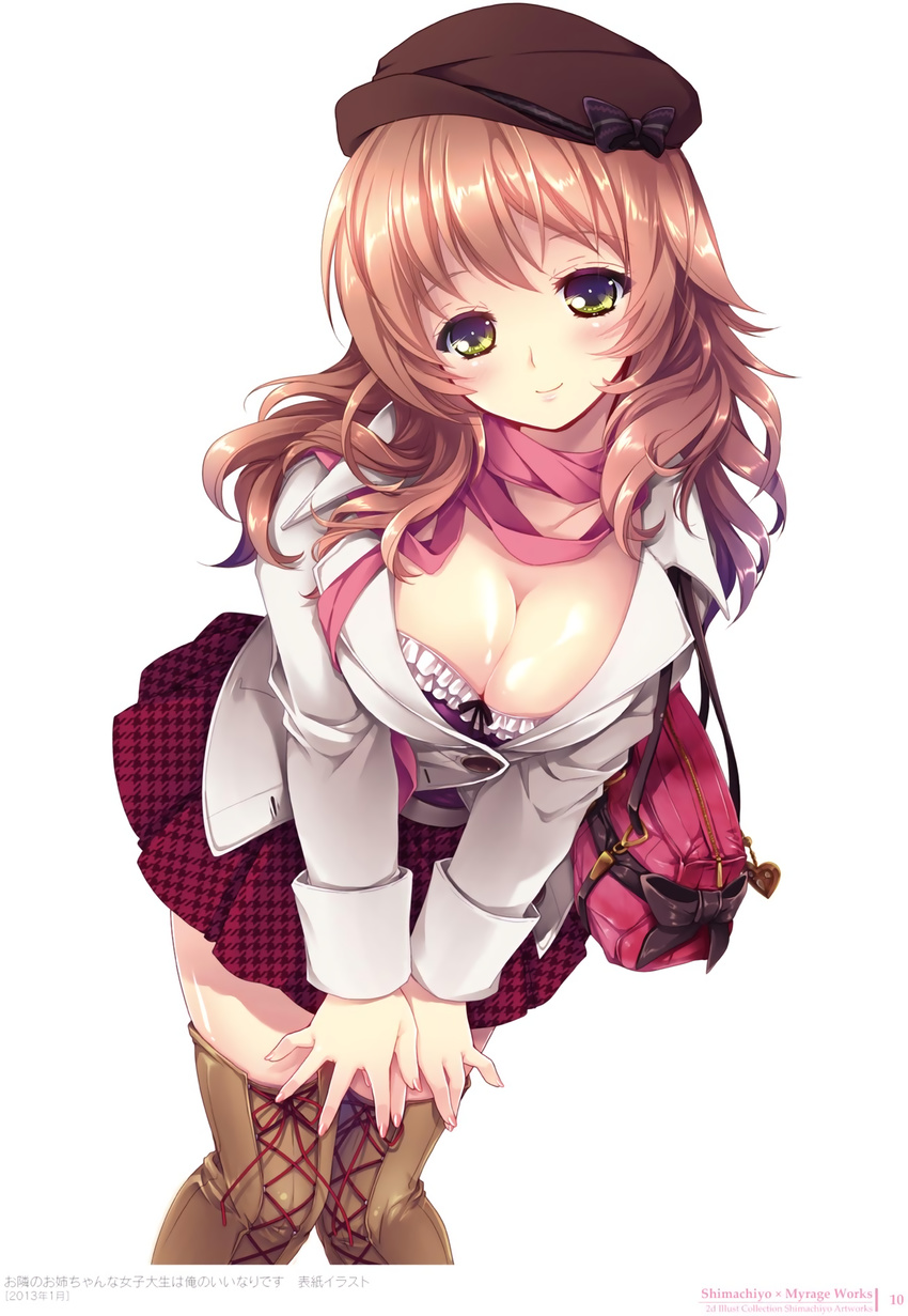 absurdres artist_name bag blush boots breasts brown_hair buttons cleavage green_eyes hat highres jacket large_breasts leaning_forward long_hair looking_at_viewer otonari_no_onee-chan_na_joshidaisei_wa_ore_no_iinari_desu shima_chiyo shoulder_bag simple_background skirt smile solo thigh_boots thighhighs white_background