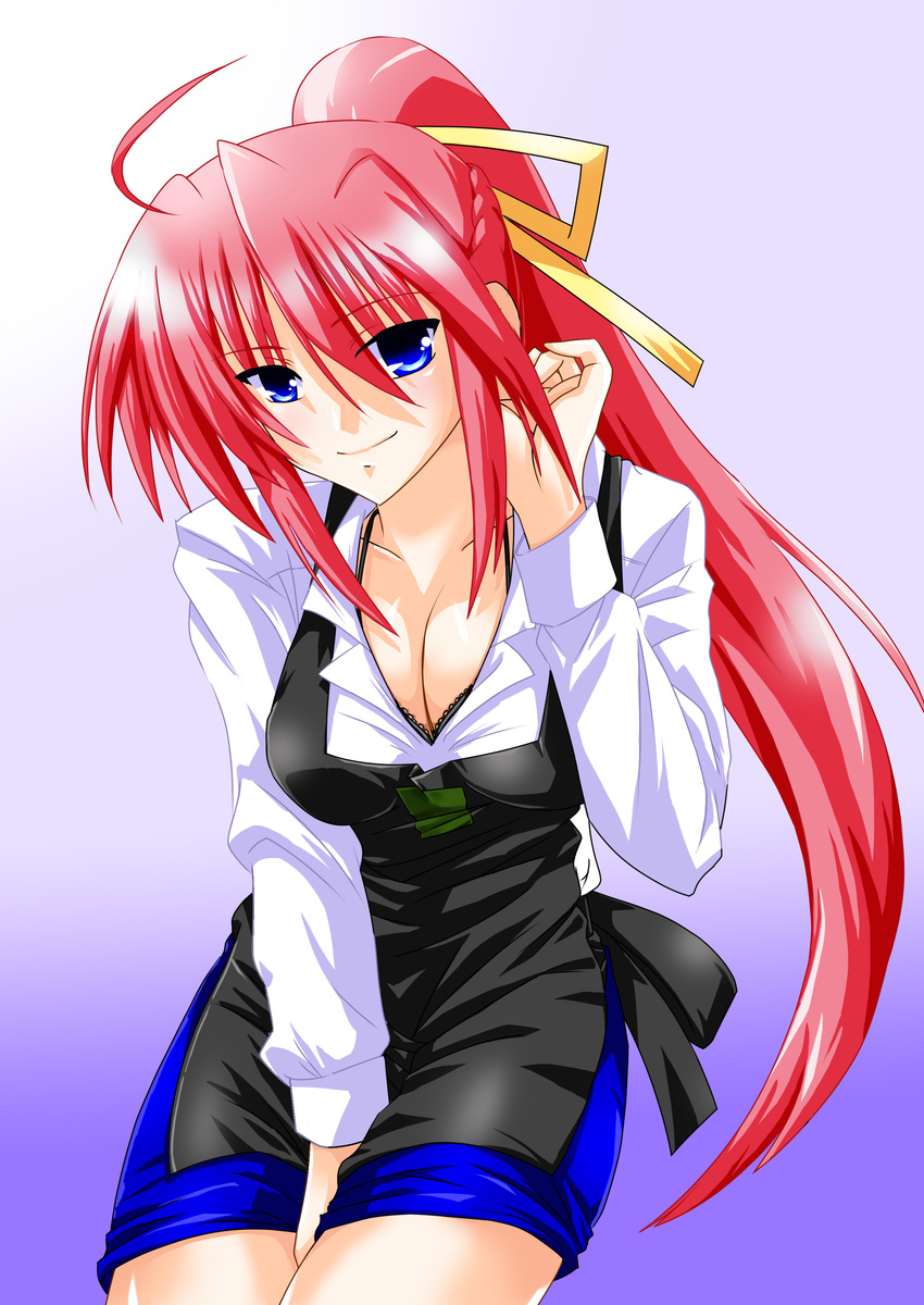 absurdres ahoge apron blue_eyes breasts cleavage highres leaning_forward long_hair lyrical_nanoha mahou_shoujo_lyrical_nanoha mahou_shoujo_lyrical_nanoha_a's medium_breasts pink_hair ponytail san-pon signum skirt smile solo