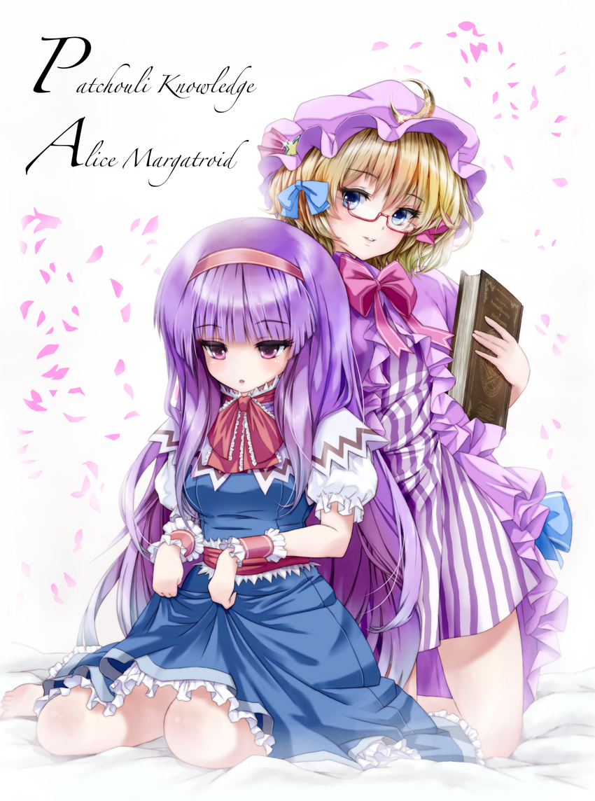 :o alice_margatroid alice_margatroid_(cosplay) bespectacled blonde_hair blue_eyes bonnet book bow character_name cosplay costume_switch crescent dress dress_lift frills glasses hair_ribbon hairband highres kneeling long_hair multiple_girls parted_lips patchouli_knowledge patchouli_knowledge_(cosplay) purple_eyes purple_hair red-framed_eyewear ribbon semi-rimless_eyewear short_hair sitting striped touhou under-rim_eyewear urufu vertical-striped_dress vertical_stripes wariza