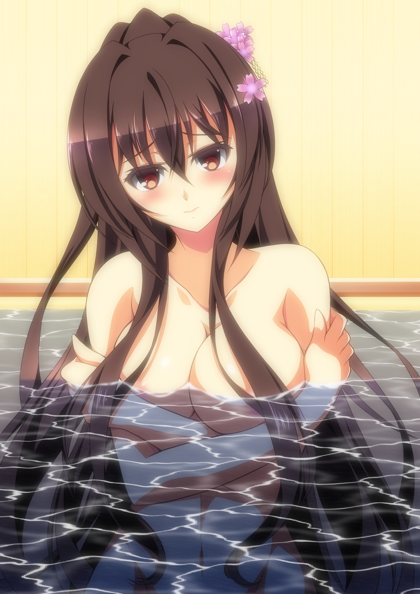 bathing breasts brown_eyes brown_hair highres ka2 kantai_collection large_breasts long_hair partially_submerged ponytail solo very_long_hair yamato_(kantai_collection)