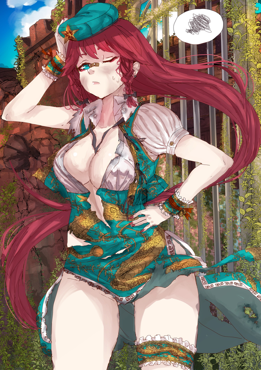 bandaid bandaid_on_nose beret breasts bruise china_dress chinese_clothes cleavage cowboy_shot dragon dress eastern_dragon eyeshadow gate groin hat highres hong_meiling injury large_breasts leg_garter lips long_hair makeup one_eye_closed panzer ribbon solo spoken_squiggle squiggle star thighs torn_clothes touhou wince wrist_cuffs