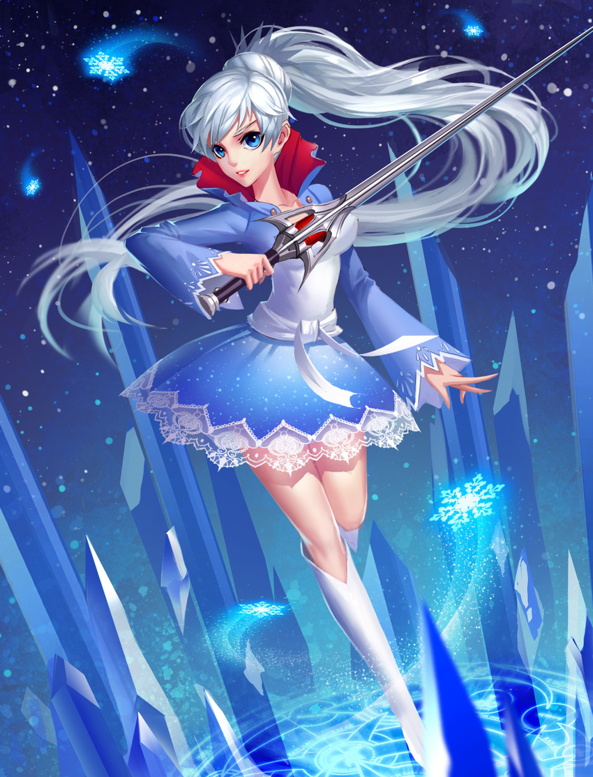 1girl blue_eyes boots earrings highres ice jewelry knee_boots long_hair magic_circle myrtenaster no_scar red_lips rwby skirt snow snowflakes solo standing standing_on_one_leg sword teeth very_long_hair weapon weiss_schnee white_footwear white_hair