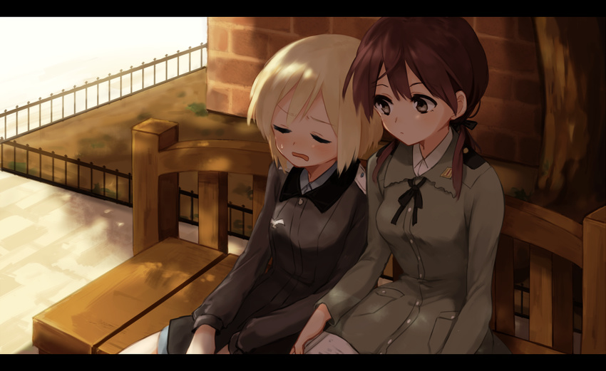 bench black_ribbon blonde_hair blush brick_wall brown_eyes brown_hair buttons closed_eyes erica_hartmann frown gertrud_barkhorn hair_ribbon kodamari letterboxed long_hair long_sleeves looking_at_another military military_uniform multiple_girls open_mouth ribbon short_hair sitting strike_witches sweat tree twintails uniform world_witches_series
