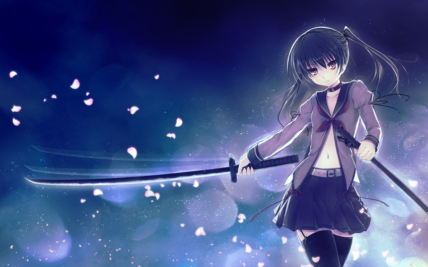 afterimage aruciii backlighting bangs black_hair black_legwear choker garter_straps katana long_sleeves looking_at_viewer navel original petals purple_eyes school_uniform serafuku solo sword thighhighs twintails weapon