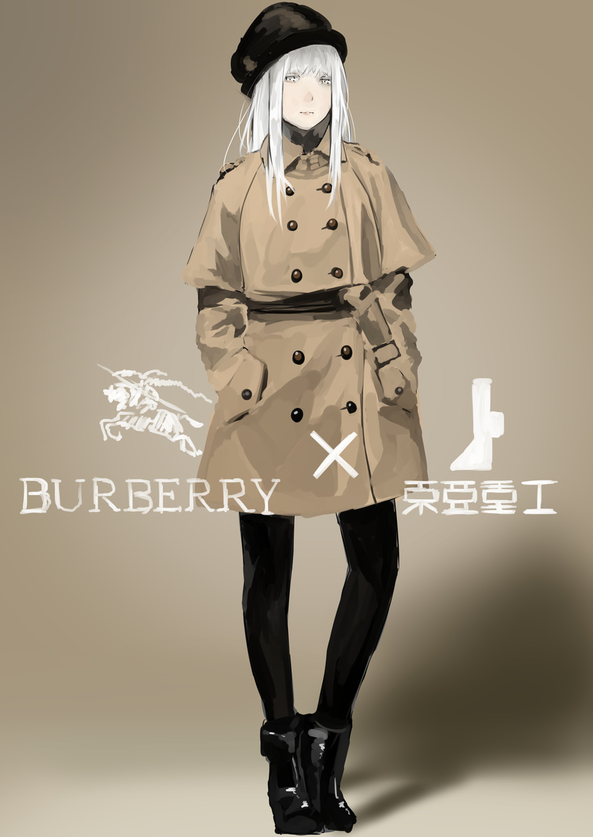 1girl absurdres bad_id bad_pixiv_id black_hat black_pantyhose blame! boots buttons cibo coat contrapposto cyborg double-breasted english_text fashion full_body hands_in_pockets hat highres logo long_hair looking_at_viewer orihika pantyhose silver_hair simple_background solo standing toha_heavy_industries