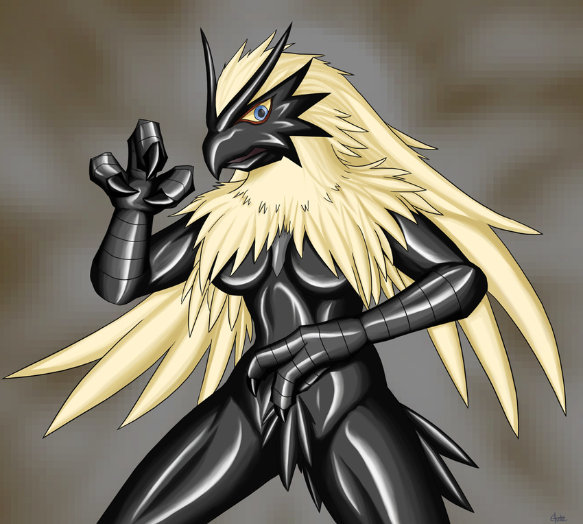 anthro audie-gryph avian black_skin blaziken blue_eyes breasts claws female looking_at_viewer nintendo pok&eacute;mon rubber_suit simple_background solo video_games